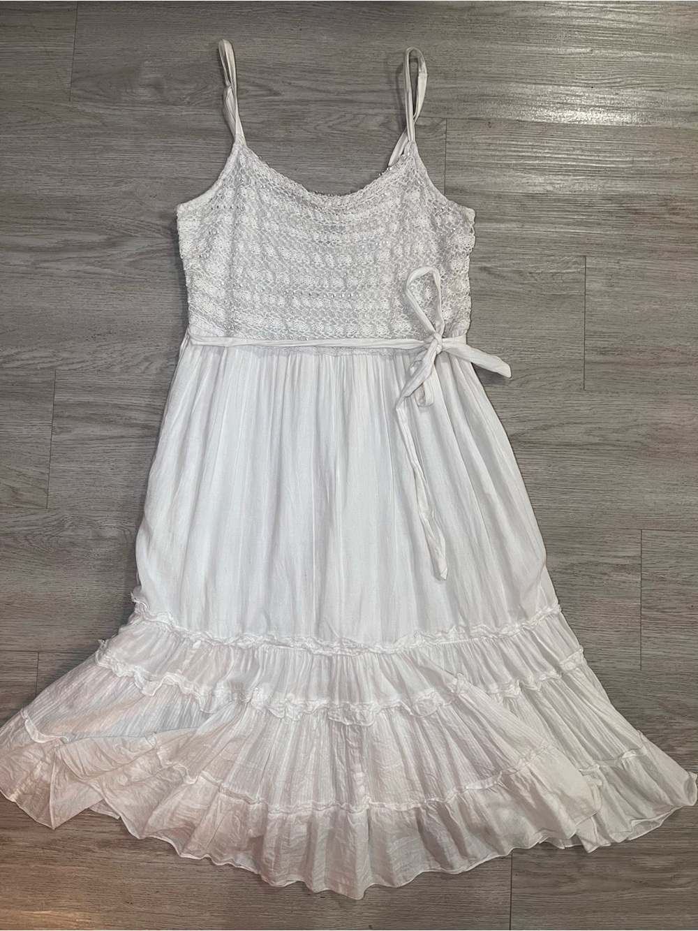 American Rag White Boho Crotchet Beaded Tiered Spaghetti Strap Dress Medium